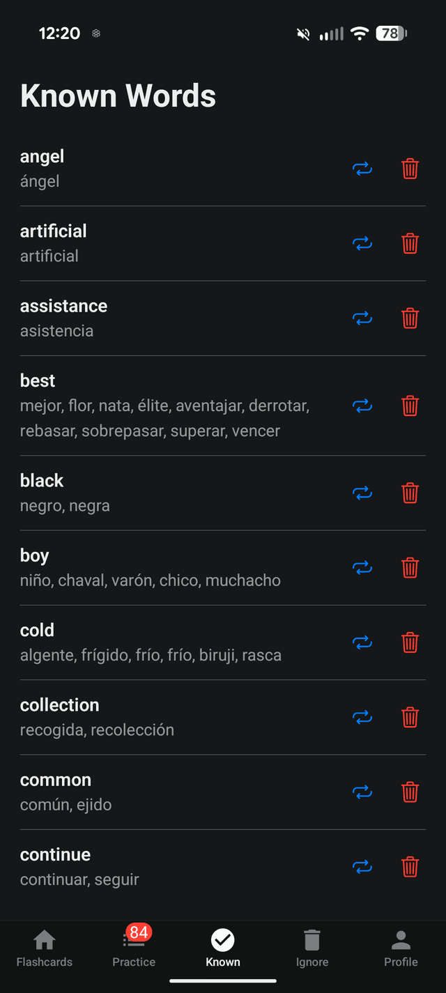 Flaschka known-words list with English and Spanish translations